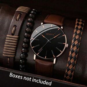 4pc Geneva Black Dial with Brown Leather Strap Watch